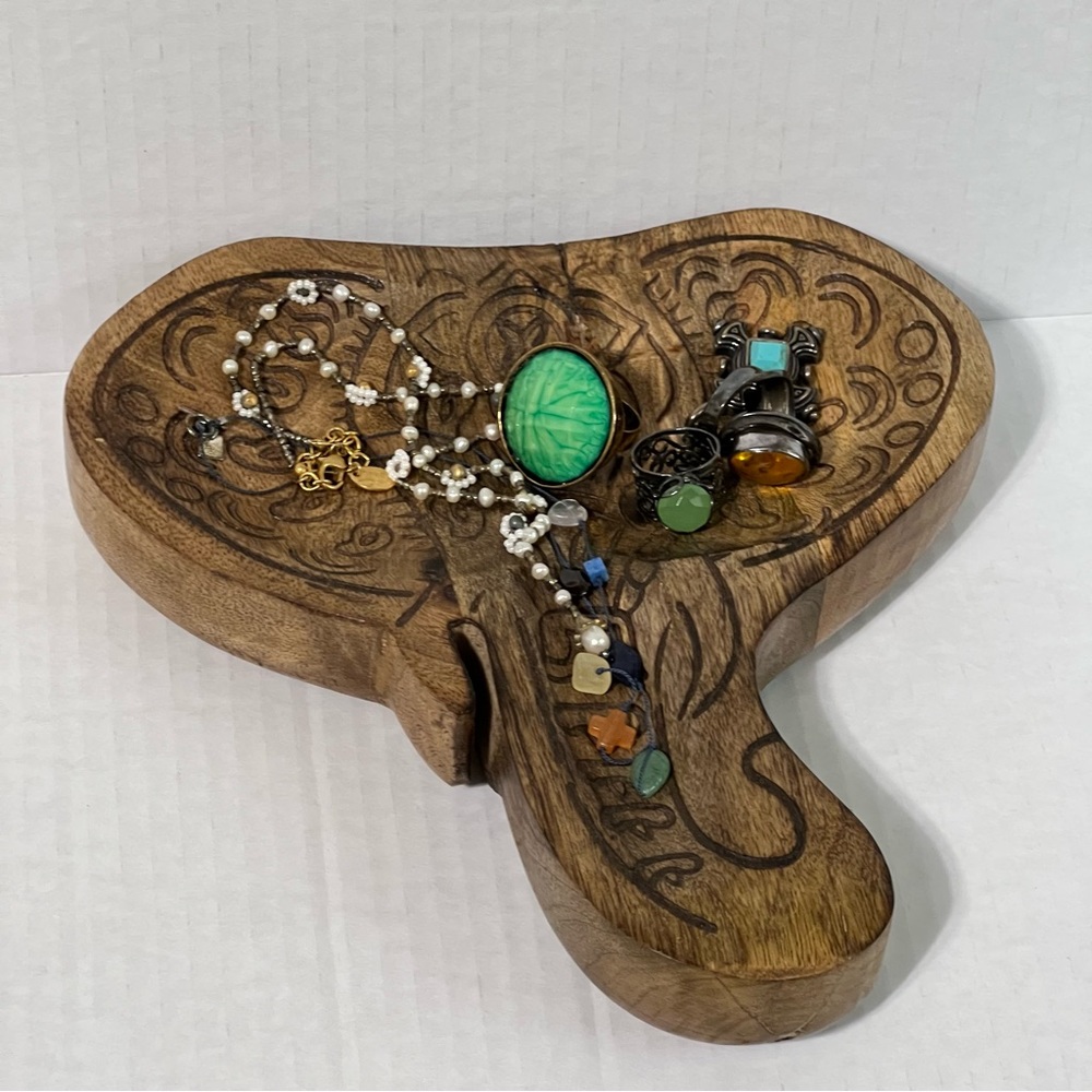 Asian Elephant Trinket Jewelry Tray Catchall Carved Wood Brown Home Accent India
